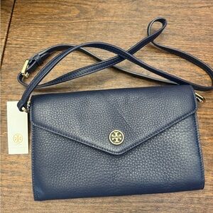 Tory Burch Blue Crossbody Bag with Pebbled Leather